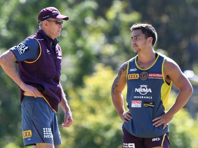 Coach Wayne Bennett and Kodi Nikorima are seen during the Brisbane Broncos training session in Brisbane, Wednesday, August 22, 2018. (AAP Image/Dave Hunt) NO ARCHIVING