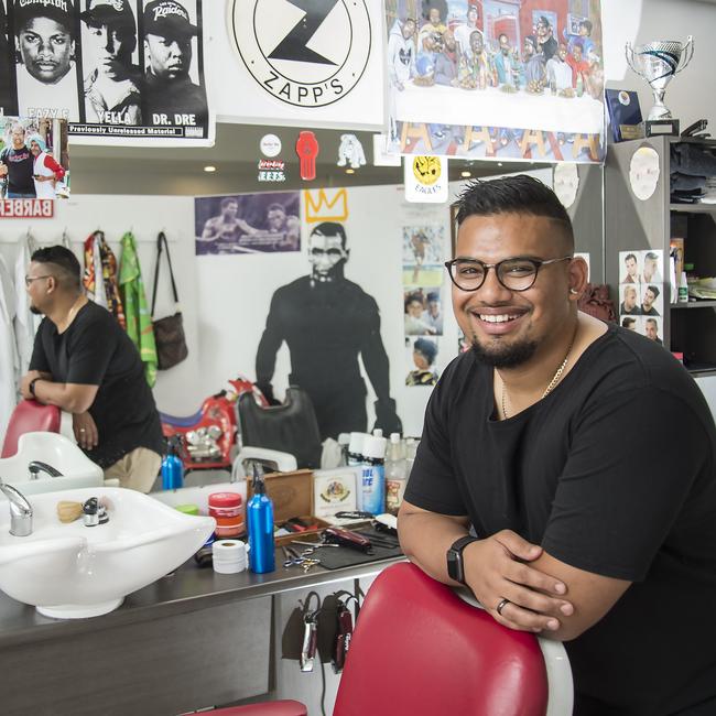 Joel Raj pictured at Zapp’s Hair Studio, where he runs his barbershop. Picture: Troy Snook