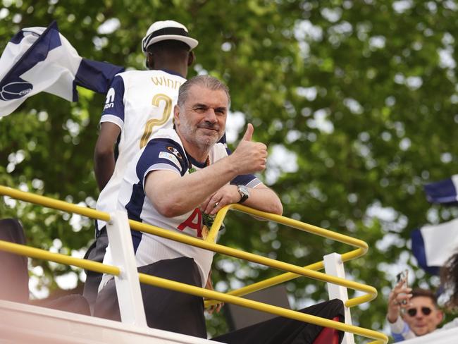 Ange Postecoglou acknowledges fans during a parade for Tottenham Hotspur after their Europa League win last month. Picture: John Walton/PA via AP