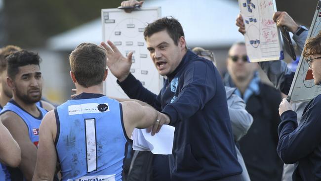 Nathan Grima barks instructions against the Dogs. Picture: Dean Martin/AAP