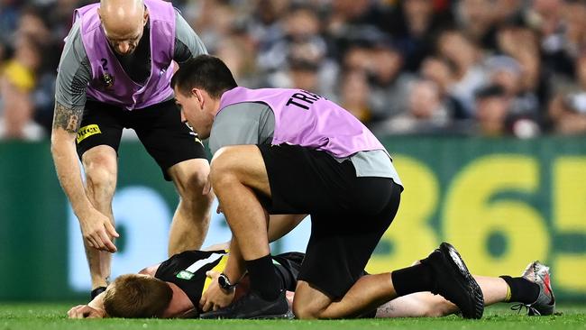 Nick Vlastuin was knocked out in the opening minutes of the 2020 Grand Final, leaving the Tigers a man down for most of the match. Picture: Quinn Rooney/Getty Images