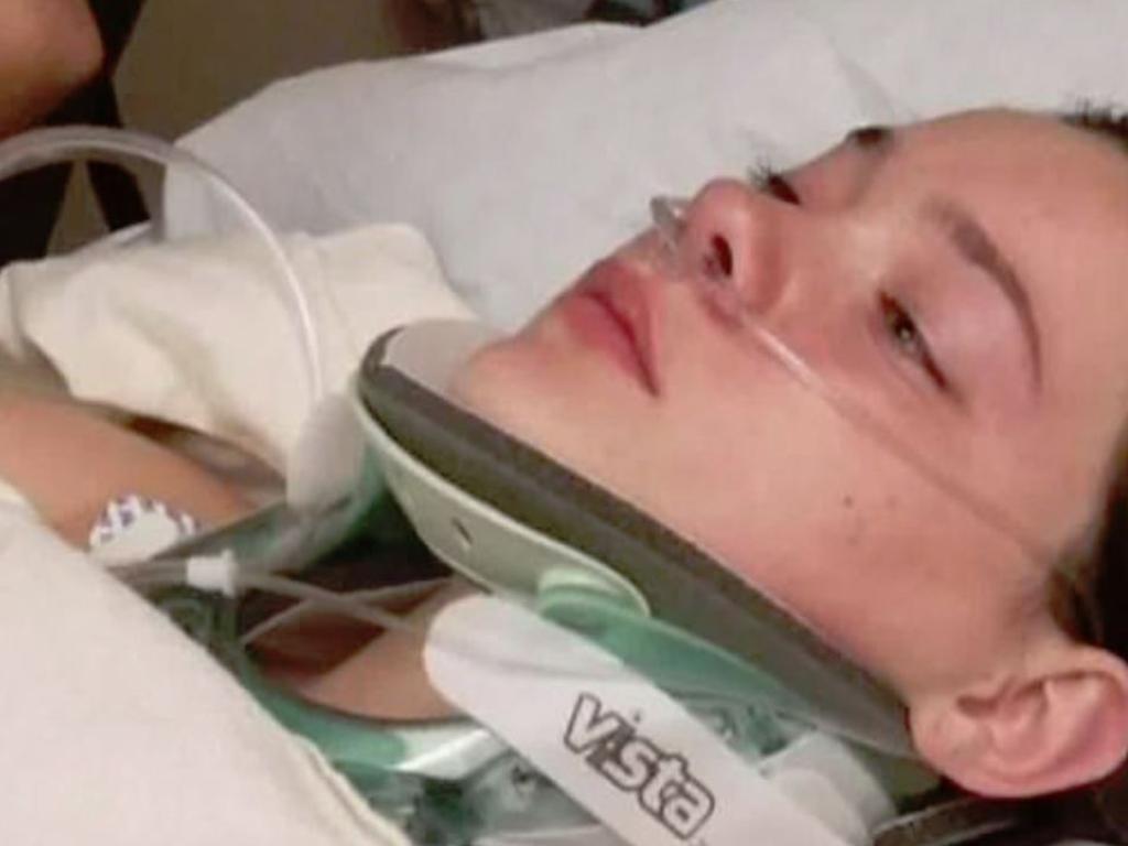 Jordan Holgerson pictured in hospital with a punctured lung and cracked ribs. Picture: Supplied
