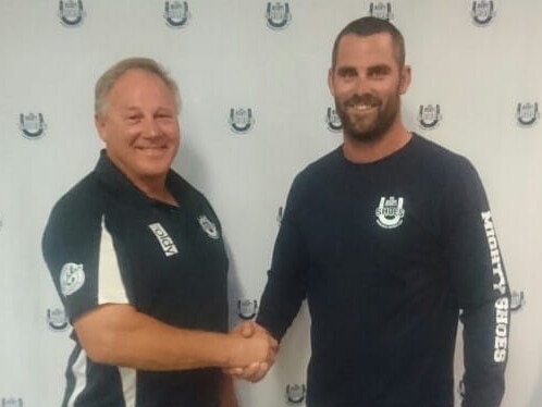 Noarlunga Football Club president Mark Anderson with new coach Josh Thewlis. Picture: Supplied, Noarlunga Football Club