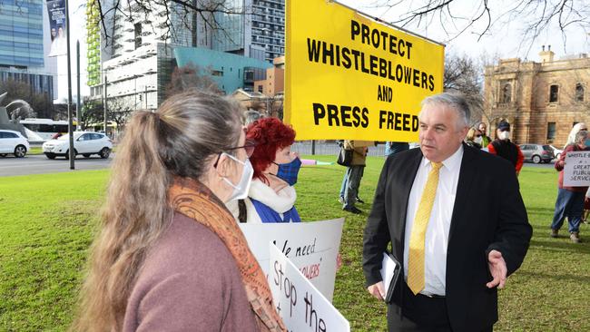 Former Senator Rex Patrick with protesters outside the District Court after a court hearing for whistleblower Richard Boyle. Picture: NCA NewsWire/Brenton Edwards