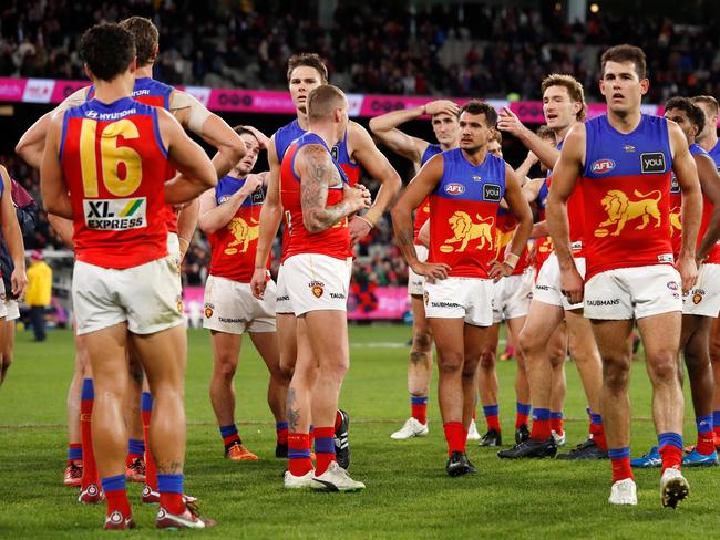 MELBOURNE, AUSTRALIA - JUNE 23: Callum Ah Chee of the Lions looks dejected after a loss during the 2022 AFL Round 15 match between the Melbourne Demons and the Brisbane Lions at the Melbourne Cricket Ground on June 23, 2022 in Melbourne, Australia. (Photo by Dylan Burns/AFL Photos via Getty Images)