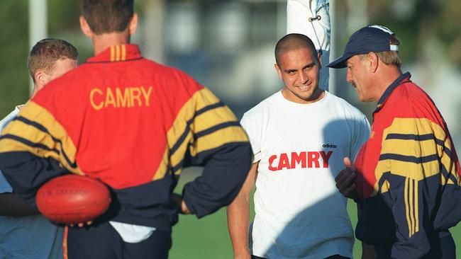 Malcolm Blight, right, during his Adelaide coaching days, with Andrew McLeod. Picture: Advertiser files