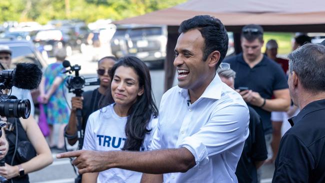 Republican presidential candidate Vivek Ramaswamy and wife Apoorva Tewari. Picture: Getty