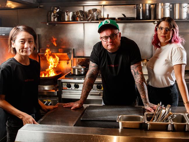 1/4/2020 Chef Adam Liston with staff Young Mi Jung (L) and Della Goodfellow-Slee (R) at his restaurant Shobosho in Adelaide. Picture MATT TURNER.