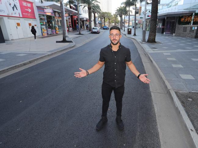 Costa D'oro manager Gene Fusco in an empty Orchid Ave, hoping the borders will open soon. Picture Glenn Hampson