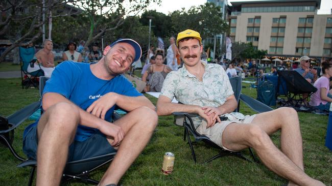 Justin Mohay and Julian Wainwright as thousands of fans gather to watch the Matildas take on England in the World Cup Semifinal at Darwin Waterfront. Picture: Pema Tamang Pakhrin