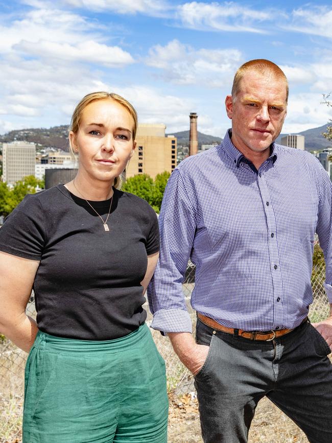 Greens Member for Clark Vica Bayley with Tabatha Badger and Chris discussing housing at Hobart Cenotaph. Picture: Linda Higginson