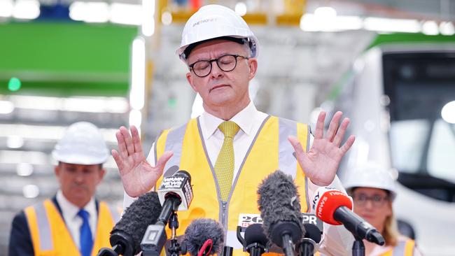 FEDERAL ELECTION TEAM 2022. LABOR BUS TOUR 17/5/22Federal Labor leader Anthony Albanese pictured with WA Premier Mark McGowan at Bellevue Railcar Manufacturing and Assembly Facility in Perth today at the  Picture: Sam Ruttyn