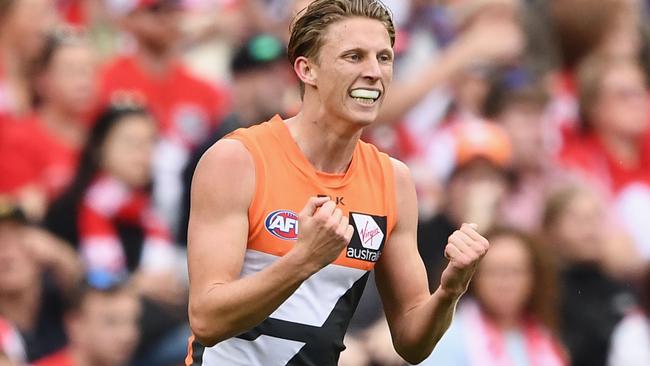 Lachie Whitfield celebrates GWS’s win over Sydney.