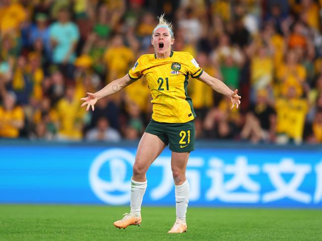 Ellie Carpenter celebrates a penalty against France at the 2023 FIFA Women's World Cup. (Photo by Chris Hyde – FIFA/FIFA via Getty Images)