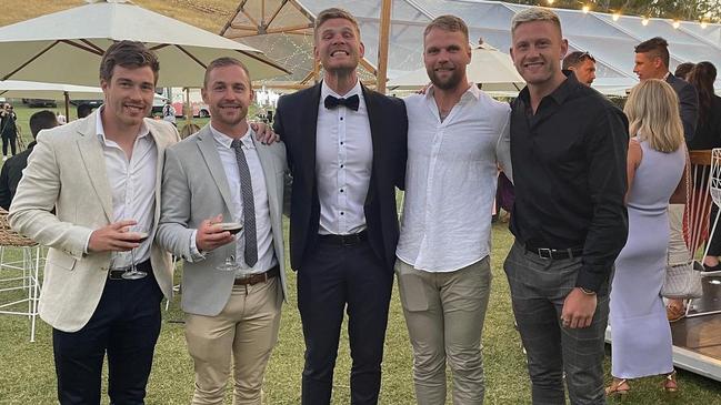 Zach Merrett, Devon Smith, Michael Hurley, Jake Stringer and Jayden Laverde at Hurley's wedding, where several players are believed to have contracted the virus. Picture: Instagram