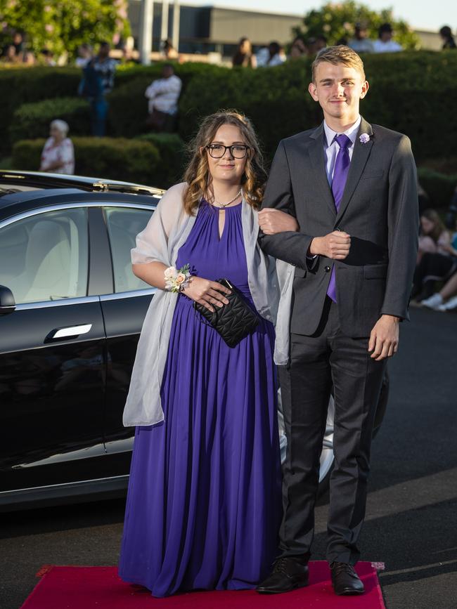 Savannah Osborne and Riley Kuhnemann arrive at Harristown State High School formal at Highfields Cultural Centre, Friday, November 18, 2022. Picture: Kevin Farmer