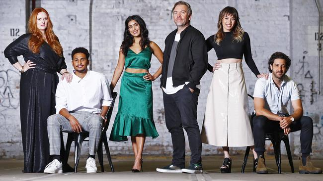 Bishanyia Vincent with Ngali Shaw and other members of The Twelve cast Pallavi Sharda, Brendan Cowell, Catherine Van-Davies and Damien Strouthos. Picture: Sam Ruttyn