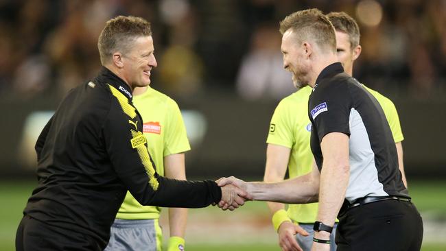 AFL 1st Preliminary Final. Richmond vs Collingwood at the MCG.  Richmond coach Damien Hardwick and Collingwood coach Nathan Buckley shake hands pre game  . Pic: Michael Klein