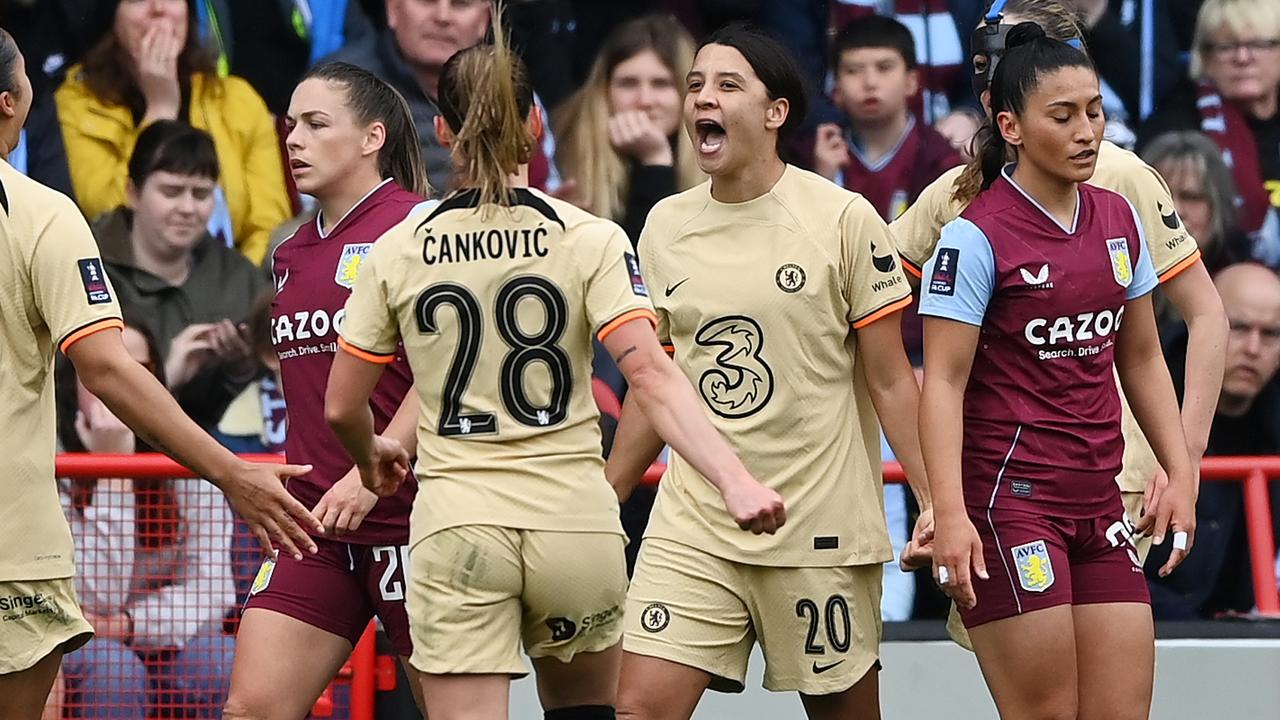 Sam Kerr celebrates after scoring the winner against Aston Villa. (Photo by Gareth Copley/Getty Images)