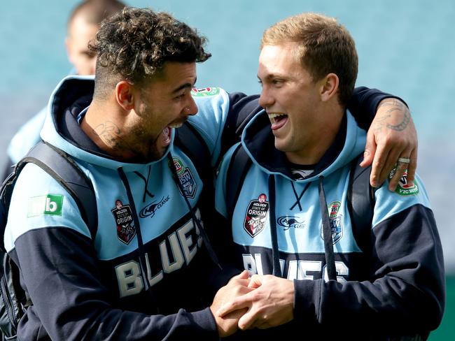 Andrew Fifita and Matt Moylan share a laugh at the ANZ Stadium. Picture Gregg Porteous