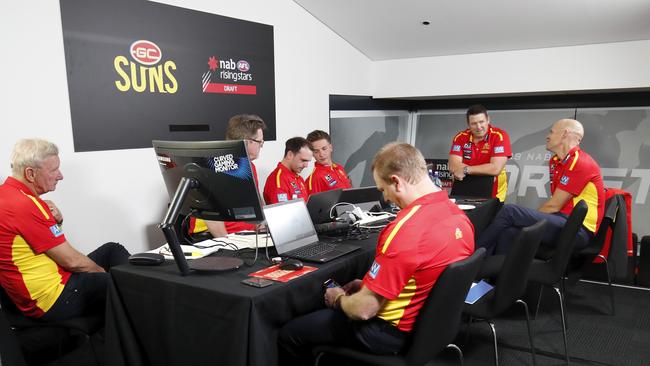 The Gold Coast Suns recruiting staff pondering their selections on draft night. Picture: Dylan Burns/AFL Photos via Getty Images