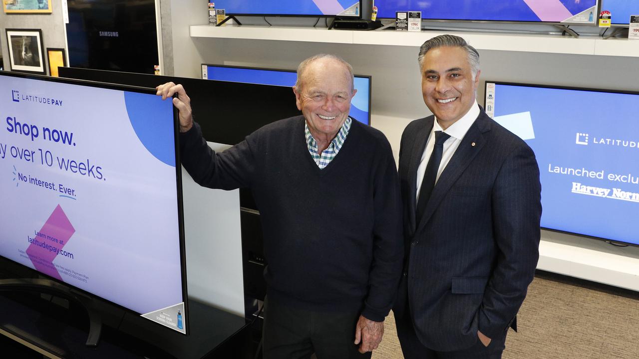 Harvey Norman executive chairman Gerry Harvey with Mr Fahour at the launch of LatitudePay in 2019. Picture: John Feder