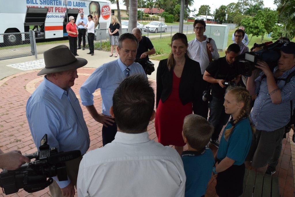 Leader of the Opposition Bill Shorten talks to Beaconsfield State School school captains Georgianna Cantwell and Caleb Johns. Photo: Emily Smith