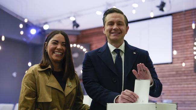 Conservative Leader Pierre Poilievre and his wife Anaida Poilievre cast their votes in the federal election in Ottawa, Canada. Picture: The Canadian Press
