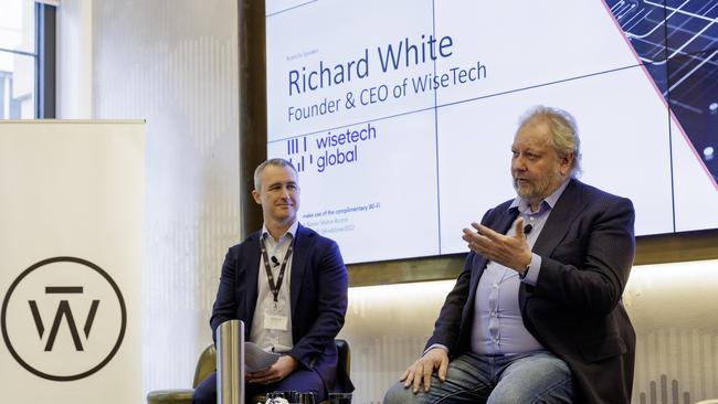 Wilsons Advisory head of tech Ross Barrows with WiseTech founder Richard White at the FutureTech conference on Wednesday. Picture: John Fotiadis