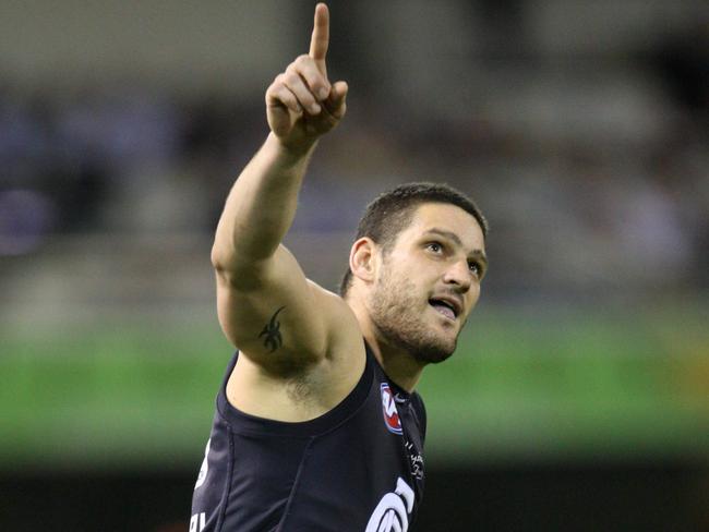 Brendan Fevola celebrates a goal for Carlton in 2009. He will play with Hastings in the Mornington Peninsula league in 2019.