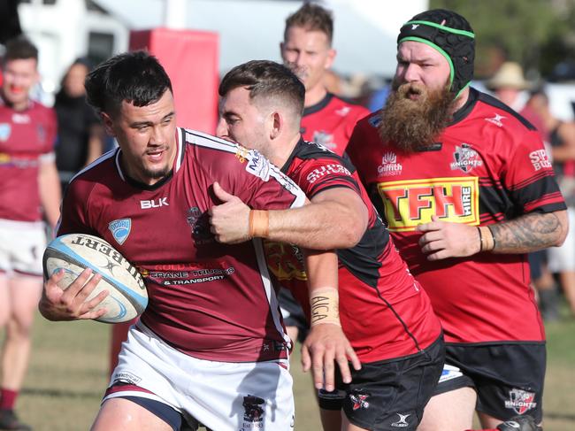 GCDRU Preliminary Final between the Nerang Bulls and the Griffith Uni Colleges Knights. Bulls player No 11 Logan Watene Knights Player No15 Jason Beeton Picture Mike Batterham