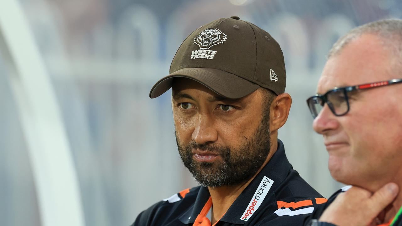 MUDGEE, AUSTRALIA - FEBRUARY 24: Benji Marshall, head coach of the Wests Tigers looks on ahead of the NRL Pre-season challenge match between St George Illawarra Dragons and Wests Tigers at Glen Willow Sporting Complex on February 24, 2024 in Mudgee, Australia. (Photo by Mark Evans/Getty Images)
