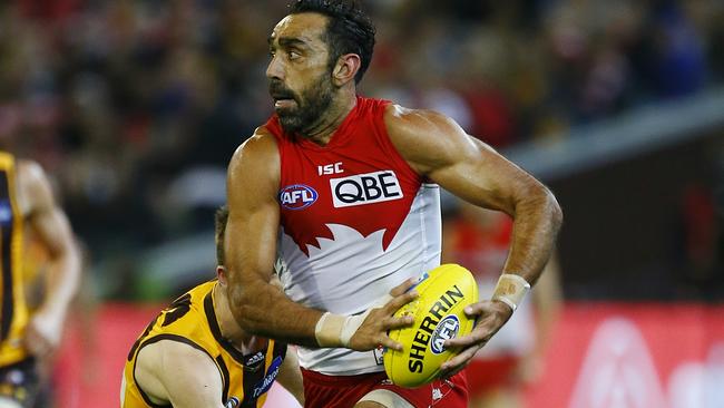 Adam Goodes hit some of his best form against the Hawks on Saturday night. Picture: Wayne Ludbey