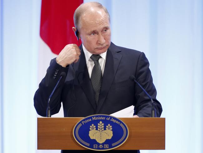 Russian President Vladimir Putin during his meeting with Japanese Prime Minister Shinzo Abe in Osaka, western Japan, Saturday, June 29, 2019. (AP Photo/Alexander Zemlianichenko, Pool)