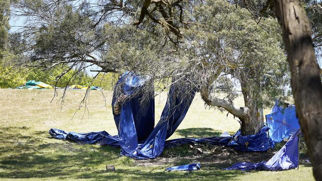 The scene at Hillcrest Primary School in Devonport where six children were tragically killed after an accident involving a jumping castle and Zorb balls. Picture: Rob Burnett