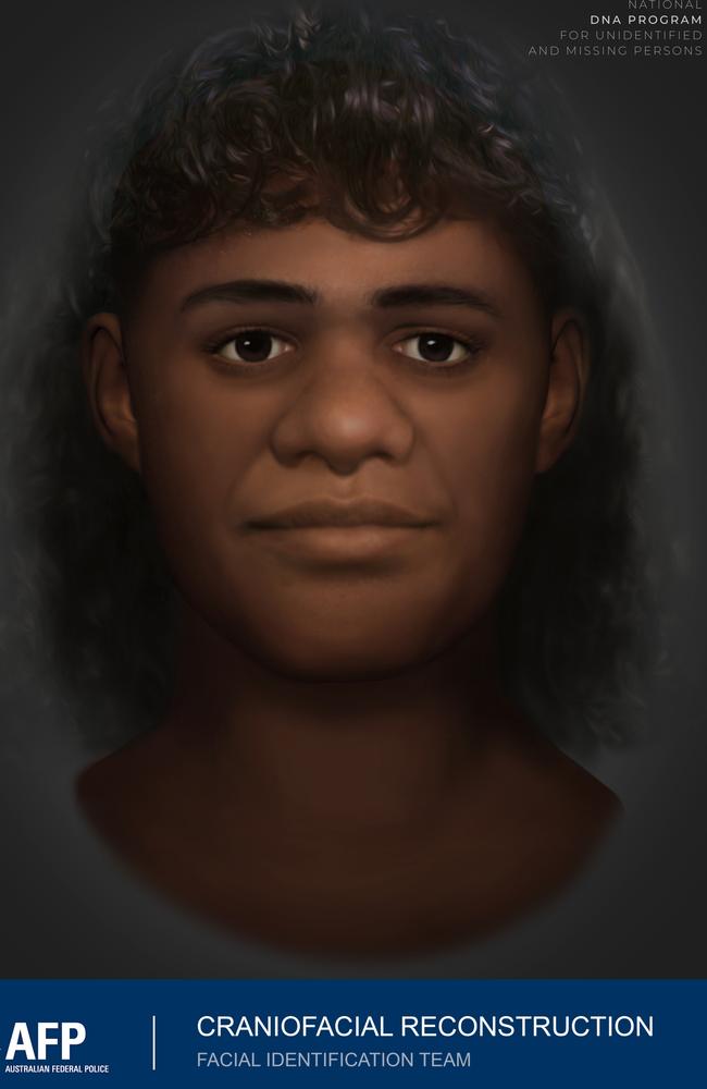 NT Police have release a cranial facial reconstruction of a young Aboriginal woman whose remains were discovered in dense bushland at Leanyer on May 27, 1987.