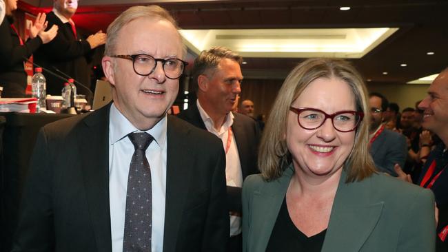 Anthony Albanese and Victorian Premier Jacinta Allan arrive at the Victorian Labor Party conference at Moonee Valley Racecourse. Picture: David Crosling/NewsWire