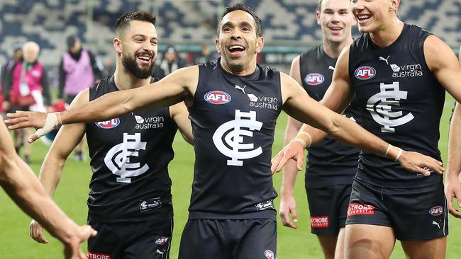 Eddie Betts is all smiles after Carlton’s win against Geelong. Picture: Michael Klein