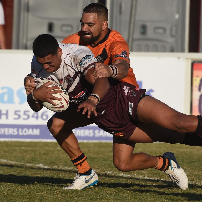 Rugby League Gold Coast A grade grand final between Burleigh and Southport at Pizzey Park. Burleigh's Darius Farmer scores a try. (Photo/Steve Holland)