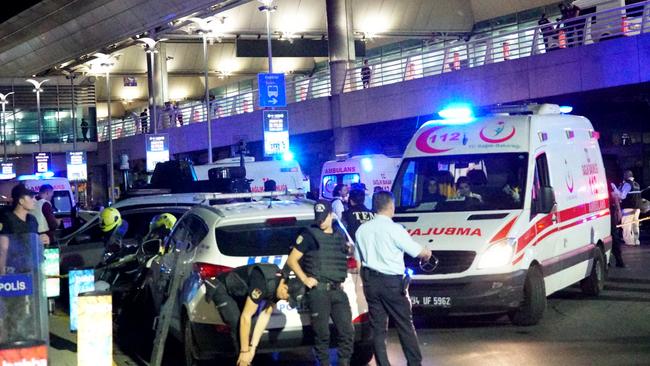 Turkish security officers and ambulances gather outside Istanbul Ataturk Airport. Picture: Mehmet Ali Poyraz/Getty Images