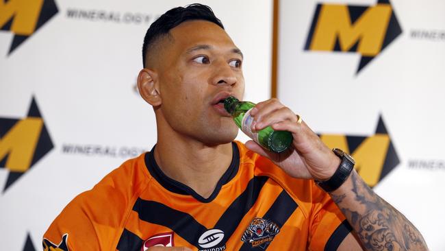 Israel Folau announces his return to rugby league at the Southport Tigers. Picture: NCA NewsWire/Tertius Pickard