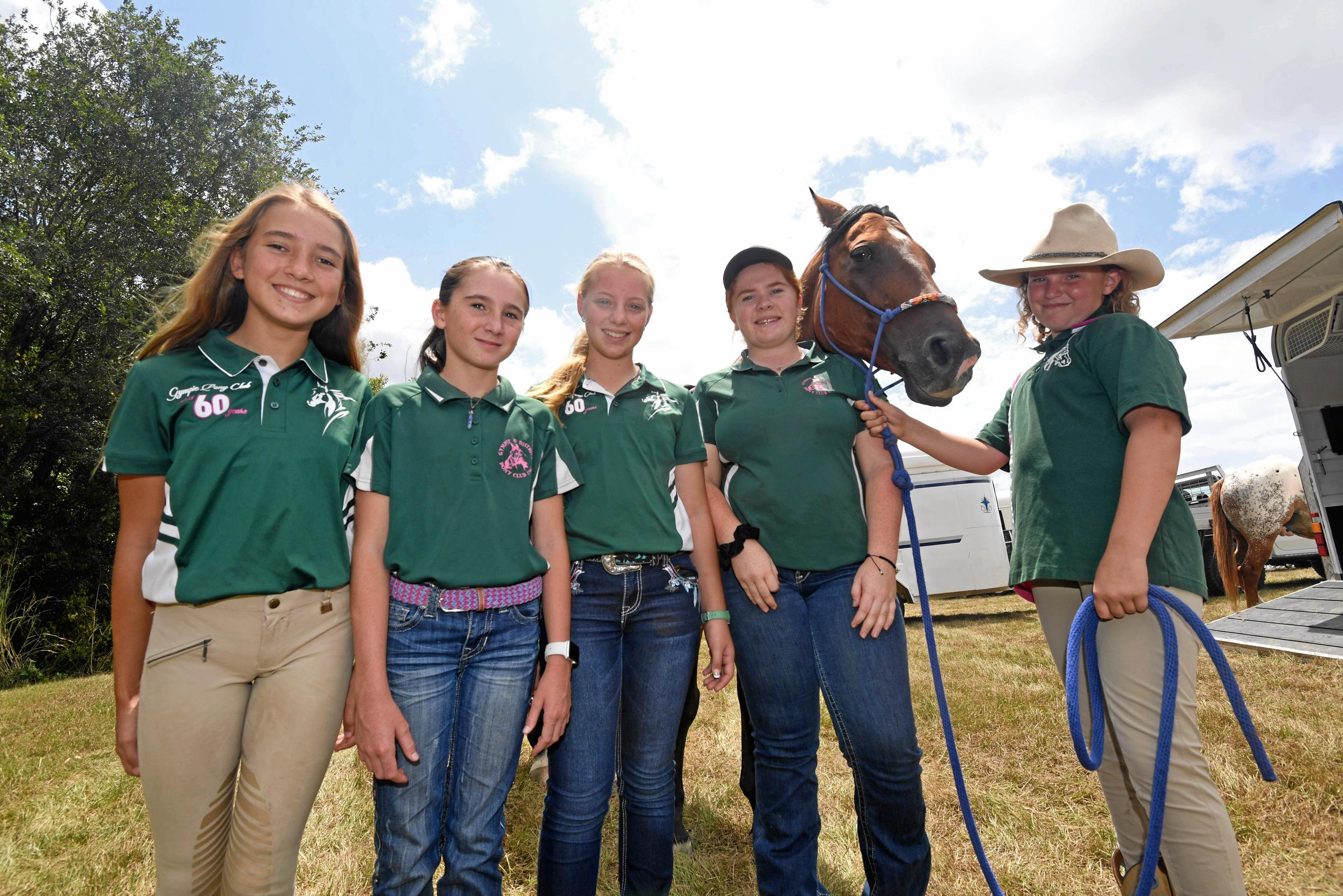 Gympie & District Pony Club - Maralee Anderson, Aleiha McConville, Felicity Mawhinney, Gaby Davey, horse Rock n Roll and Charli Cox. Picture: Troy Jegers