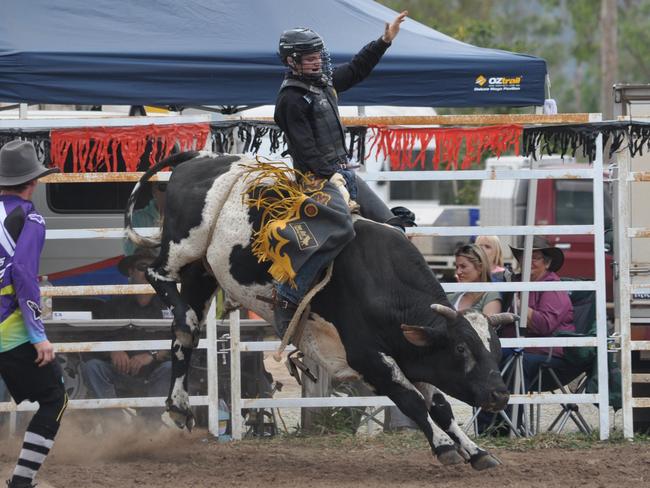 Ky Hamilton when he was still competing in Queensland, in action in the novice bull ride at the Collinsville Rodeo.