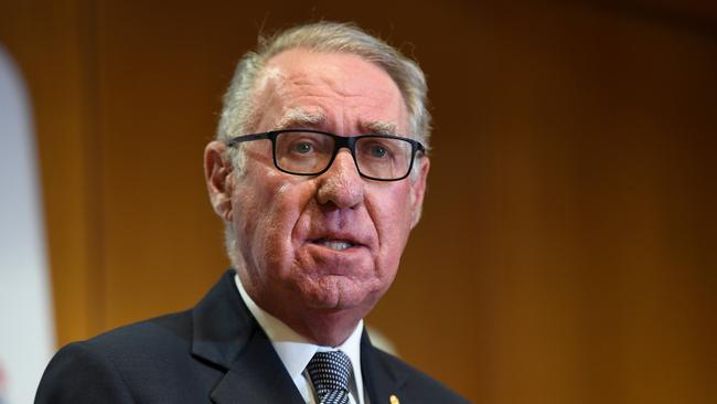 David Gonski speaks to the media during a press conference in Sydney. Picture: NCA NewsWire/Bianca De Marchi