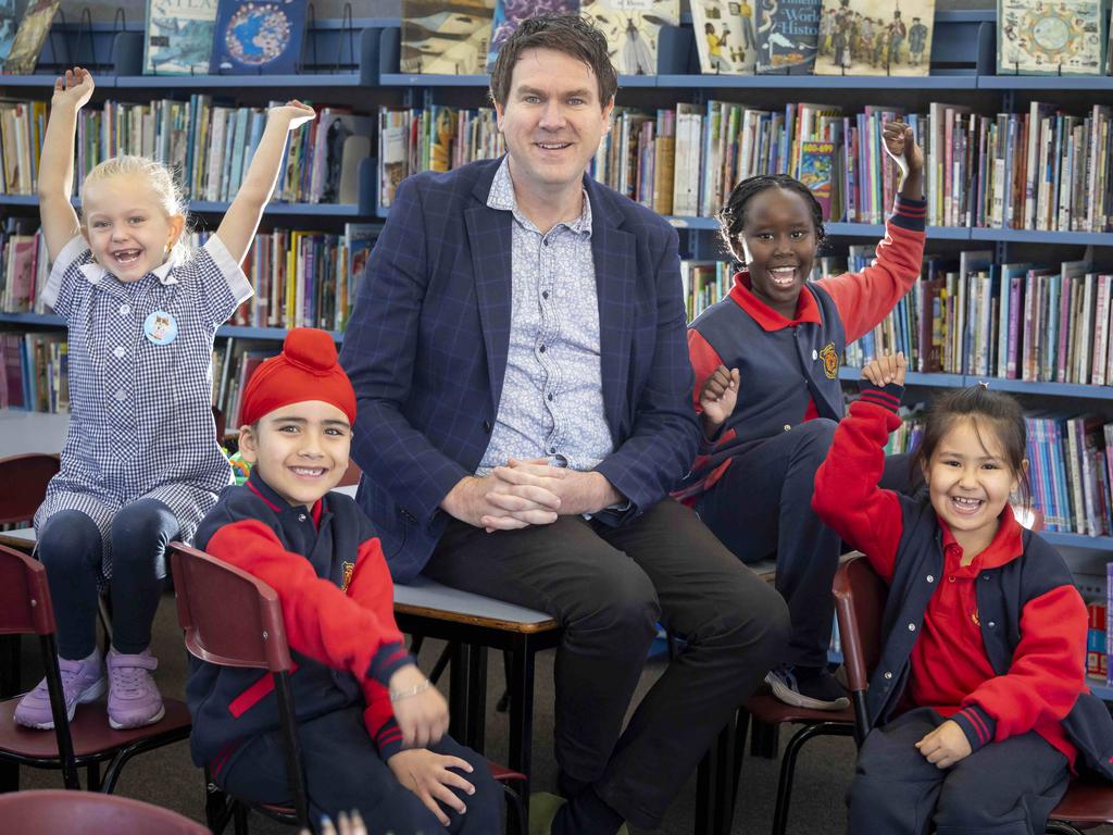 Dandenong Primary School principal Daniel Riley with students Harper 7, Fatehbir 6, Aliza 7 and Phalika 8. Picture: Wayne Taylor