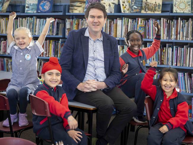 Dandenong Primary School principal Daniel Riley with students Harper 7, Fatehbir 6, Aliza 7 and Phalika 8. Picture: Wayne Taylor