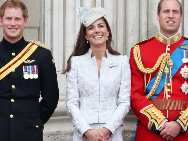 Prince Harry, Kate and Prince William at the Queen’s birthday parade in 2014. Picture: Chris Jackson/Getty Images.