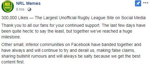 Facebook group NRL Memes bragged to its followers about leaking videos of NRL players. Picture: Facebook