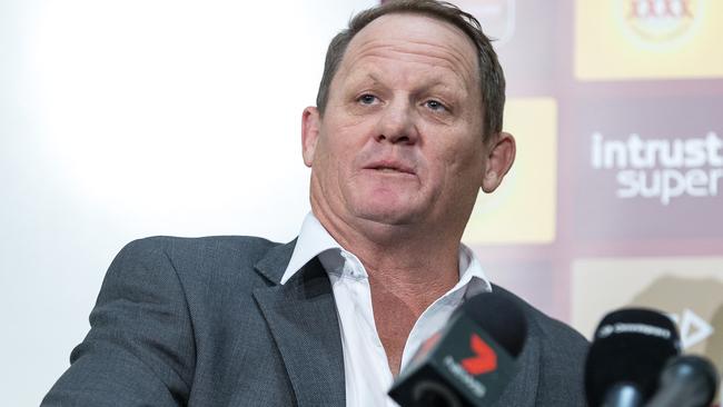 Queensland State of Origin coach Kevin Walters speaks to the media at AAMI Park in Melbourne, Tuesday, May 15, 2018. Australia and Queensland captain Cameron Smith has announced he's ending his representative rugby league career effective immediately, just three weeks out from the State of Origin series. (AAP Image/Daniel Pockett) NO ARCHIVING