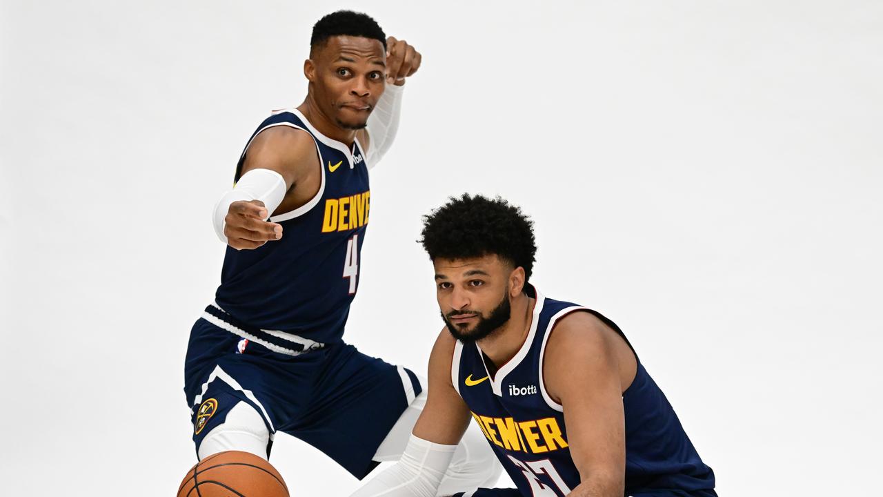 DENVER, CO - SEPTEMBER 26 : Russell Westbrook, left, and Jamal Murray are in the photo session during Nuggets Media Day at Ball Arena in Denver, Colorado on Thursday, September 26, 2024. (Photo by Hyoung Chang/The Denver Post)